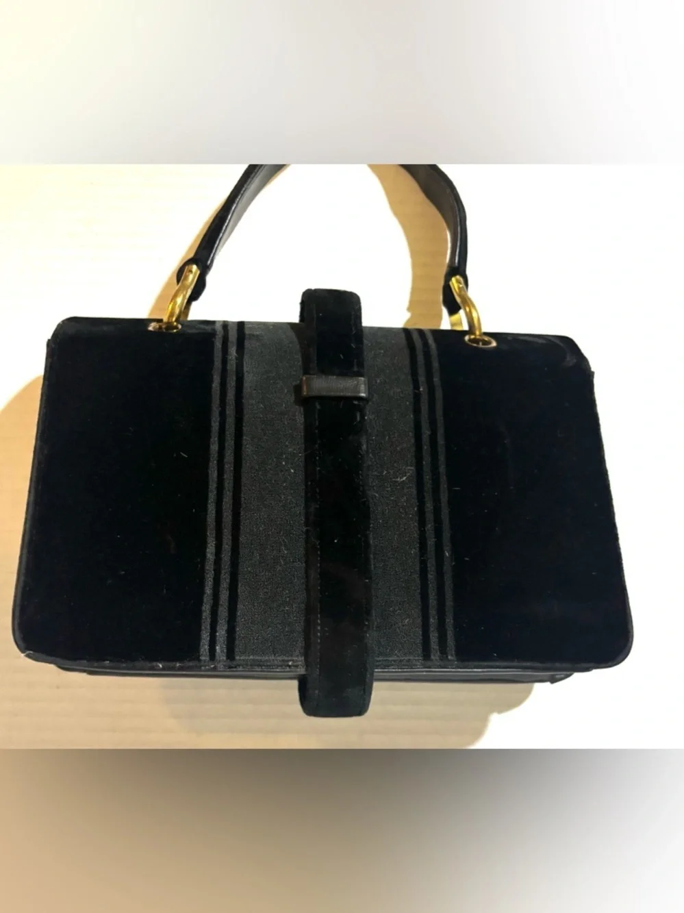 Vintage Black Velvet / leather Satchel with Gold Hardware